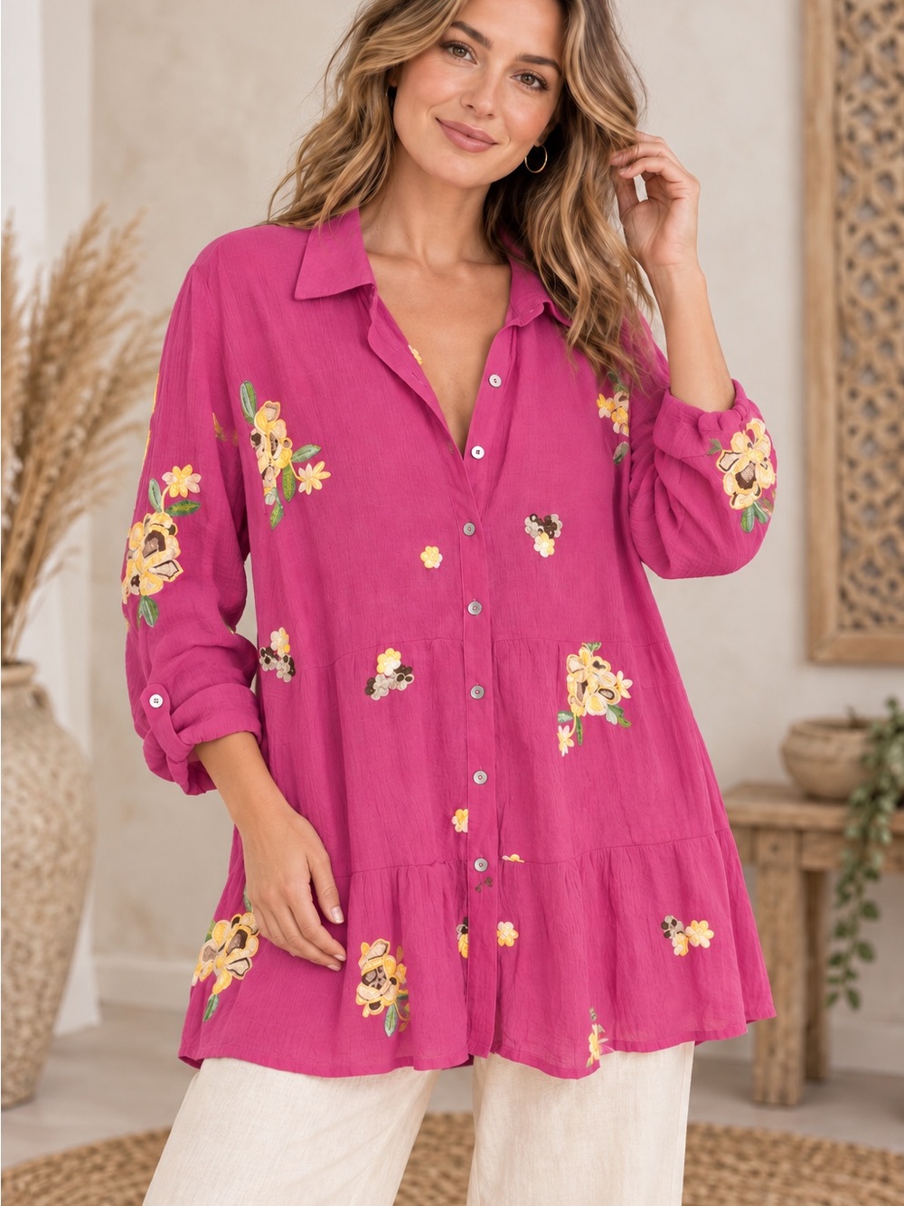 Figueroa & Flower Embroidered Fuchsia Button-Front Tunic Top (090767) 🌼
